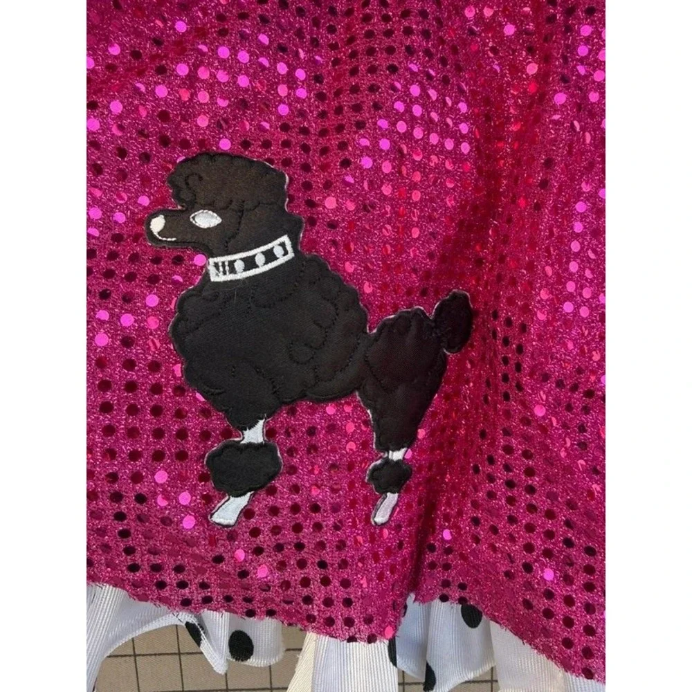 Hot Pink Sequin Poodle Skirt Black Polka Dot Ruffle Hem 50s Costume Skirt
